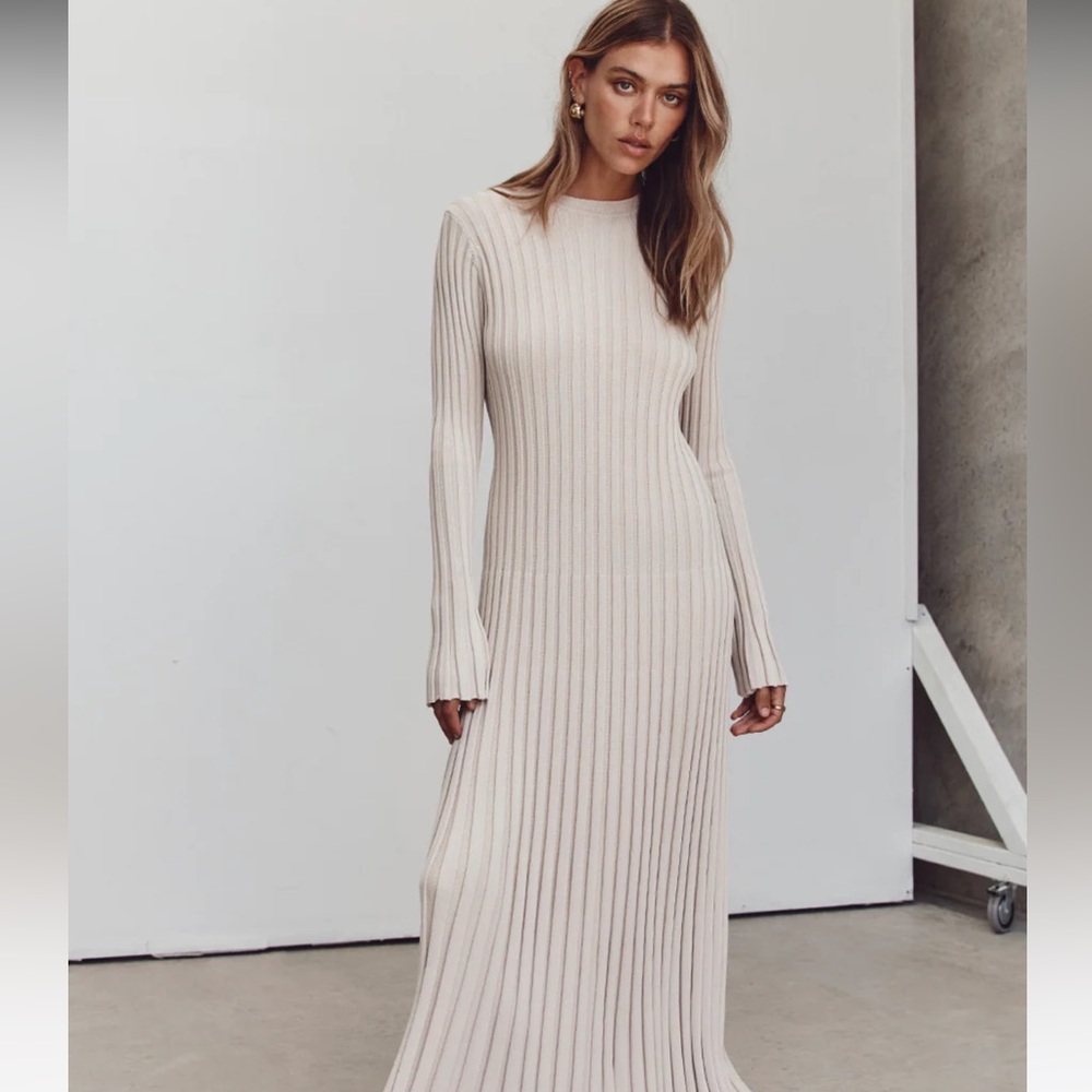 DISSH Ribbed Long Sleeve Maxi Dress in Light Beige